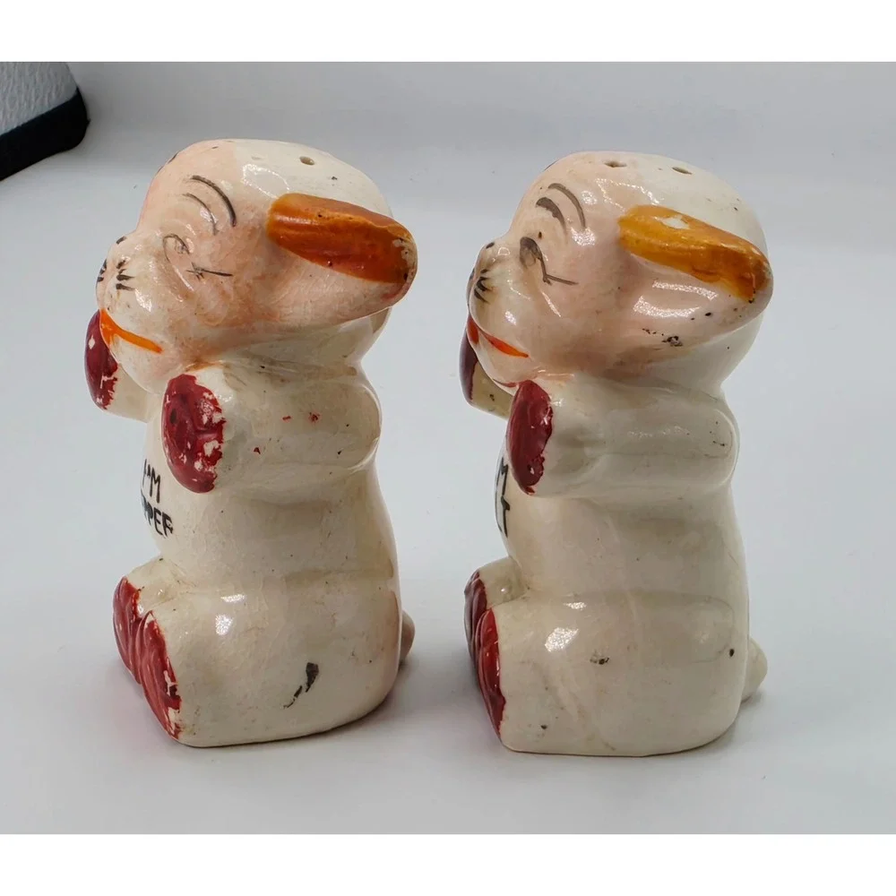 Vintage Japan Winking Puppy Dog Salt and Pepper Shakers Red Boxing Gloves Set